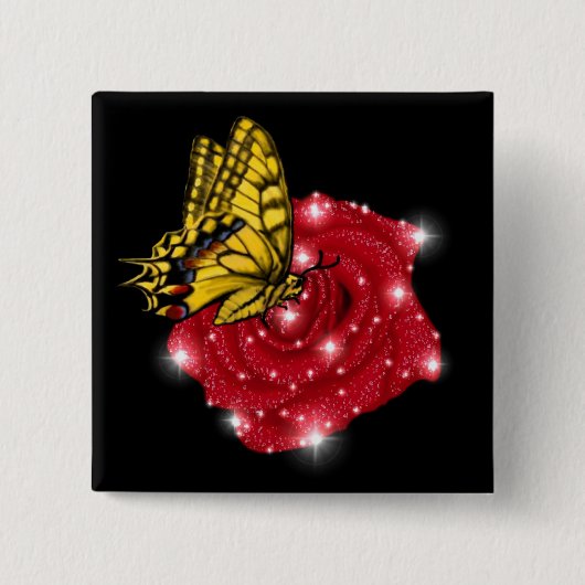 Schmetterling auf rote Rose mit Sternen und Regent Button (Vorderseite)
