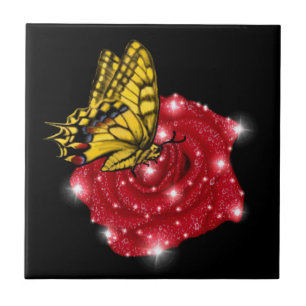 Schmetterling auf rote Rose mit Sternen und Regent Fliese