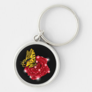 Schmetterling auf rote Rose mit Sternen und Regent Schlüsselanhänger