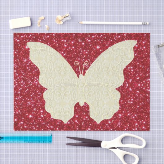 Schmetterling auf rotem Glitzer Seidenpapier (Handwerk)