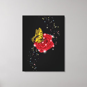 Schmetterling auf roter Rose mit Sternen und Regen Leinwanddruck