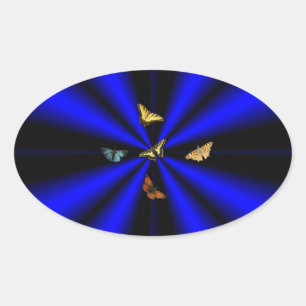 Schmetterling auf schwarzem und blauem Regenbogen Ovaler Aufkleber