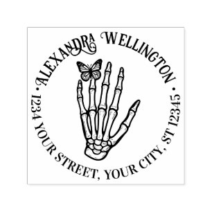 Schmetterling auf Skeletthand Name Rücksendeadress Permastempel