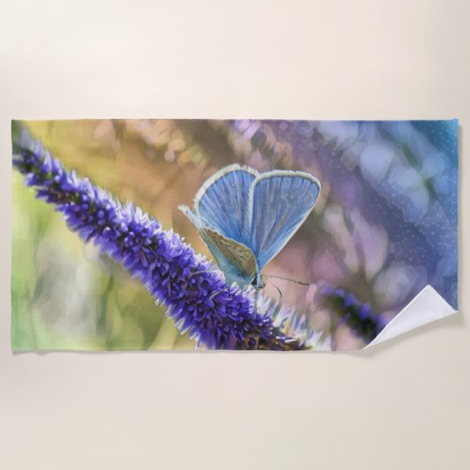 Schmetterling auf violetten Blumen Strandtuch (Vorderseite)