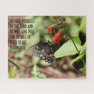 Schmetterling auf Wildblumen mit Vers aus Psalm 37 Puzzle