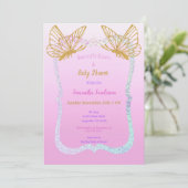 Schmetterling Baby Dusche Rosa und Gold Glitzer Einladung (Stehend Vorderseite)
