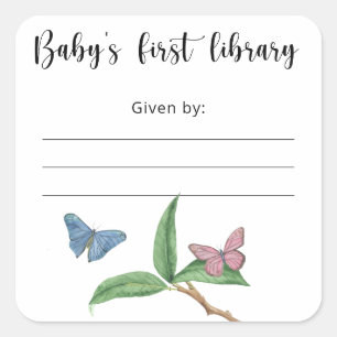 Schmetterling Baby Shower Exlibris, Bücher für Bab Quadratischer Aufkleber