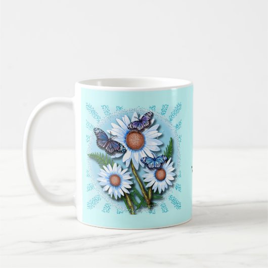 Schmetterling Blaue Gänseblümchen Kaffeetasse (Links)
