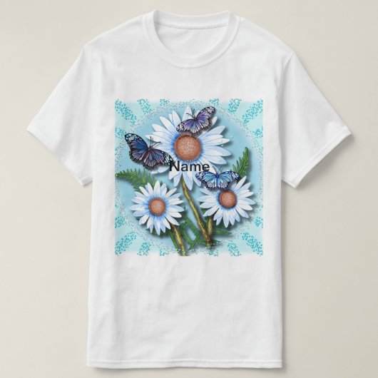 Schmetterling Blaue Gänseblümchen T-Shirt (Design vorne)