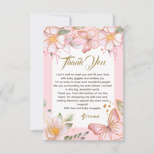 Schmetterling & Blume Rosa Niedlich Dankeschön Kar Dankeskarte (Vorderseite)
