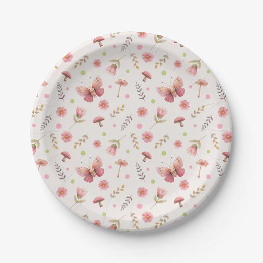 Schmetterling & Blumen Pastellrosa Botanisch Pappteller (Vorderseite)
