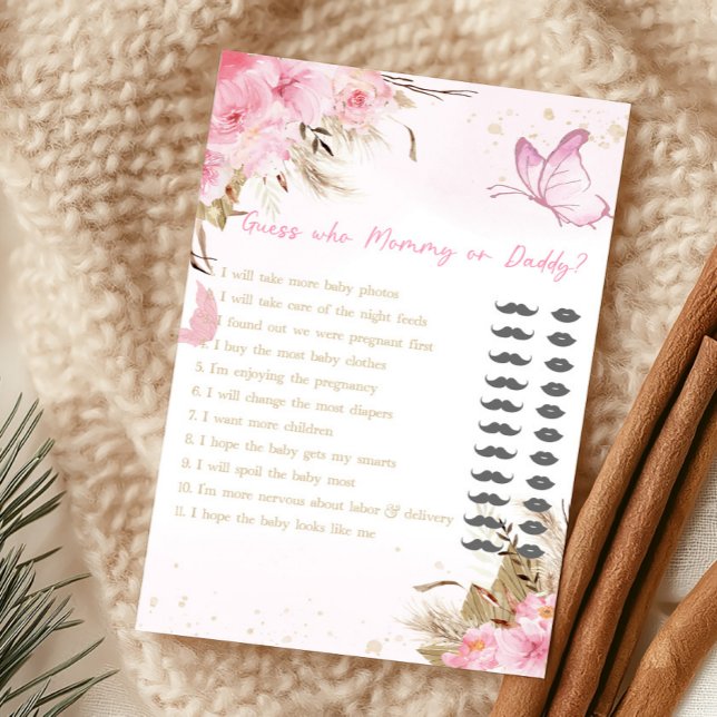 Schmetterling Blumen Ratet mal wer Mama oder Papa  (Pink Butterfly Baby Shower Guess Who Mommy or Daddy Game)
