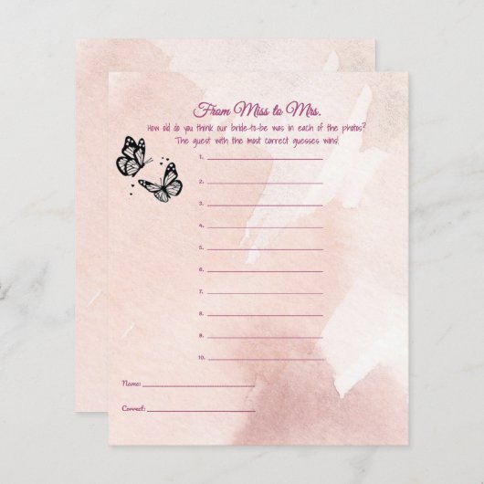 Schmetterling Brautparty Age Game (Vorne/Hinten)