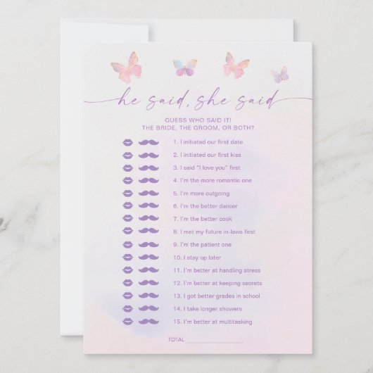 Schmetterling-Brautparty, sagte er, sie sagte Game Einladung (Vorderseite)