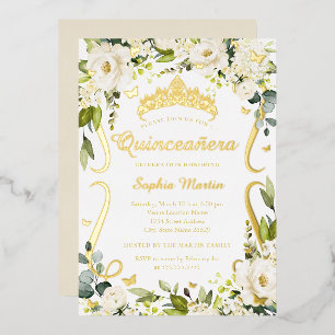 Schmetterling Champagner Floral Gold Quinceanera Folieneinladung