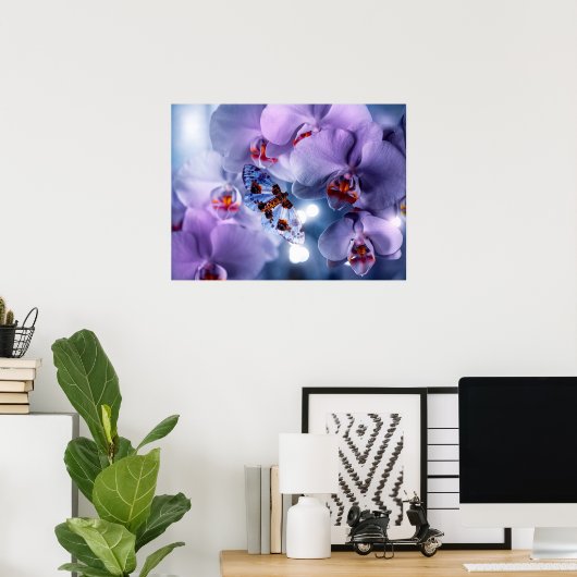 Schmetterling, der rosa und Lila Orchideen-Blume b Poster (Heimbüro)