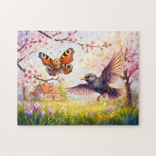 Schmetterling, der von einem Vogel bei Kirschblüte Puzzle