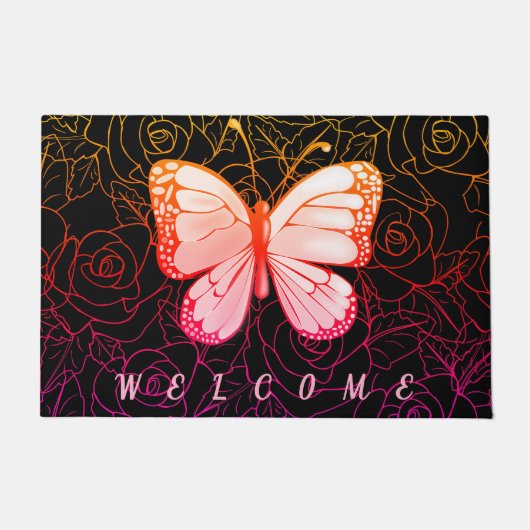 Schmetterling-Doormat mit Rose - Willkommen Fußmatte (Vorderseite)