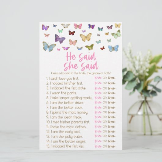 Schmetterling Er sagte, sie sagte Brautparty Game Briefpapier (Stehend Vorderseite)
