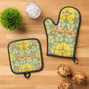Schmetterling Floral Botanisch Bunt Ofenhandschuh & Topflappen-Set