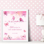 Schmetterling Geburtstag Rosa & Gold Staub Willkom Poster<br><div class="desc">Niedliche rosa Schmetterling Thema Baby Geburtstagsparty Willkommenposter.</div>