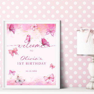 Schmetterling Geburtstag Rosa & Gold Staub Willkom Poster