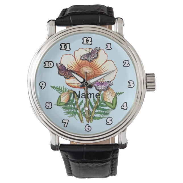 Schmetterling gelbe Mohn-Uhr Armbanduhr (Vorderseite)