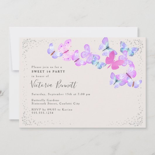 Schmetterling Himmel Rosa Silber Confetti Sweet 16 Einladung (Vorderseite)