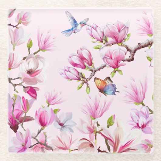 Schmetterling & Hummingbird in Magnolia Untersetze Glasuntersetzer (Vorderseite)
