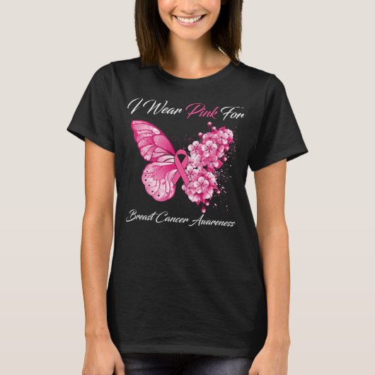 Schmetterling Ich trage Rosa wegen Brustkrebs T-Shirt (Vorderseite)
