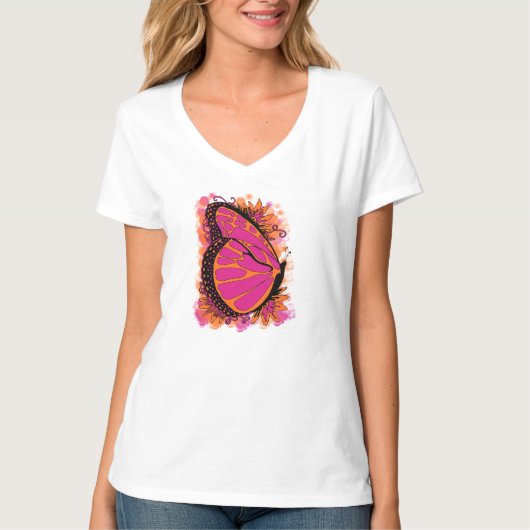 Schmetterling im rosa und orange T-Shirt (Vorderseite)