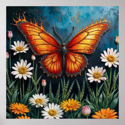 Schmetterling in Flammen Fantasie weiße Kamillenku Poster (Vorne)