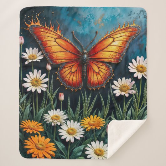 Schmetterling in Flammen Fantasie weiße Kamillenku Sherpadecke (Vorderseite)
