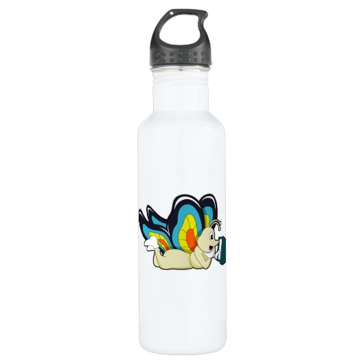 Schmetterling in Reading mit Buch Edelstahlflasche (Vorderseite)