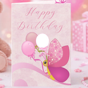Schmetterling in Rosa-Tönen mit Ballons zum Geburt Karte