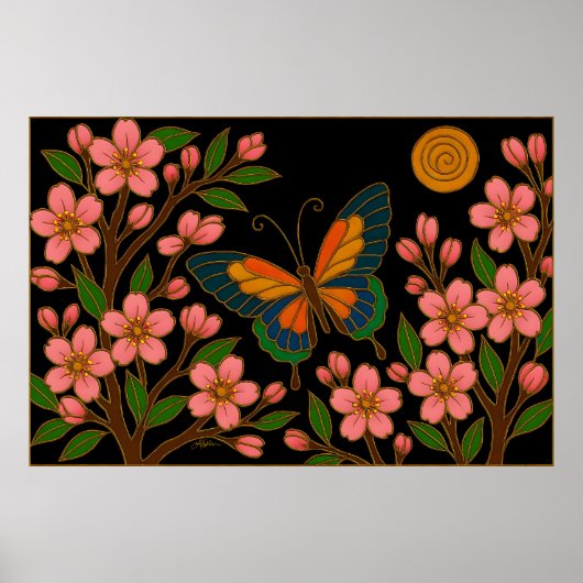 Schmetterling Kirschblüten Mond Poster (Vorne)