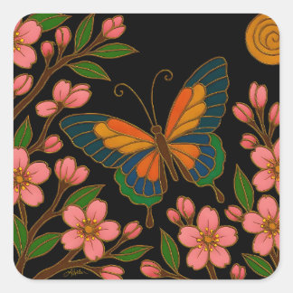 Schmetterling Kirschblüten Mond Quadratischer Aufkleber