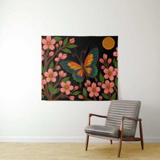 Schmetterling Kirschblüten Mond Wandteppich (Beispiel (Horizontal))