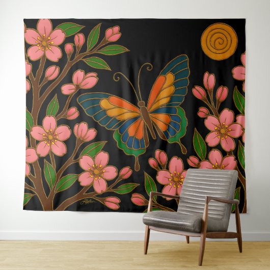 Schmetterling Kirschblüten Mond Wandteppich (Beispiel (Horizontal))
