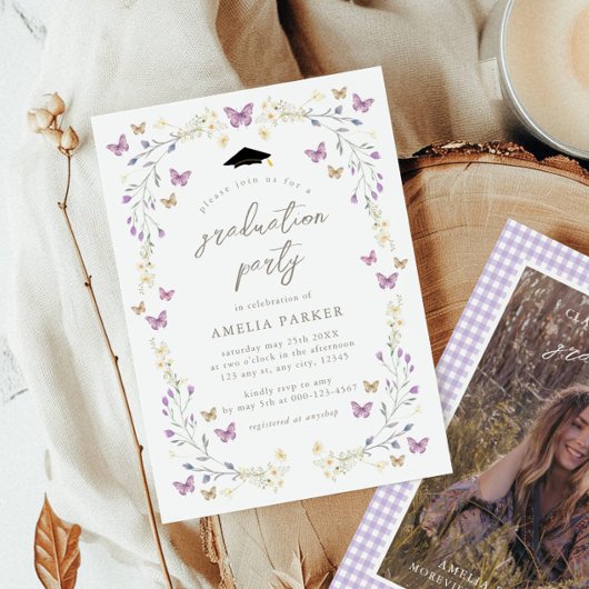 Schmetterling Lila Class of 2025 Foto Abschluss Einladung