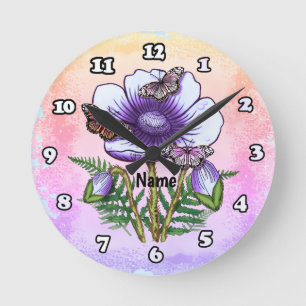 Schmetterling Lila Mohn Runde Wanduhr