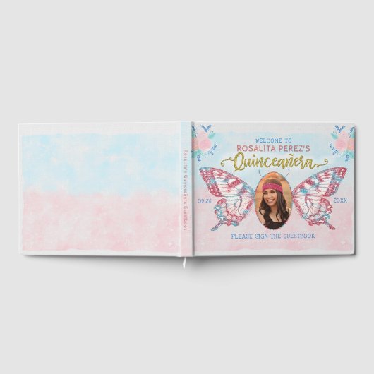 Schmetterling mit Foto Quinceanera Süße 15 Geburts Gästebuch (Voll)