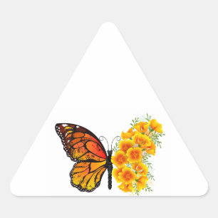 Schmetterling mit gelbem Kalifornischen Klatschmoh Dreieckiger Aufkleber