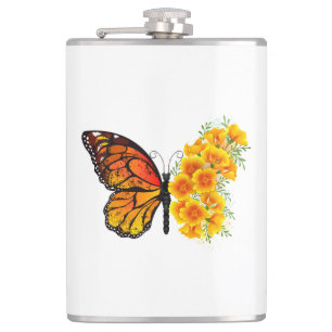 Schmetterling mit gelbem Kalifornischen Klatschmoh Flachmann
