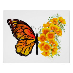 Schmetterling mit gelbem Kalifornischen Klatschmoh Poster