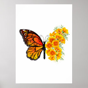 Schmetterling mit gelbem Kalifornischen Klatschmoh Poster