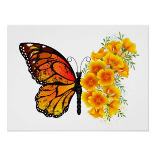 Schmetterling mit gelbem Kalifornischen Klatschmoh Poster