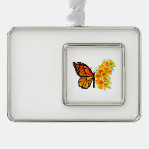 Schmetterling mit gelbem Kalifornischen Klatschmoh Rahmen-Ornament Silber