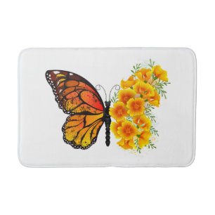 Schmetterling mit gelbem Kalifornischen Mohn Badematte