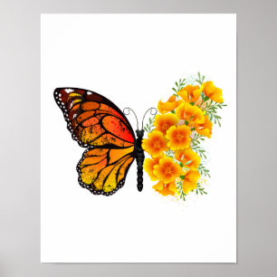 Schmetterling mit gelbem Kalifornischen Mohn Poster